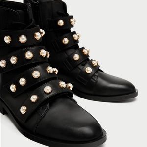 Black Combat Faux Pearl Strap Ankle Boots